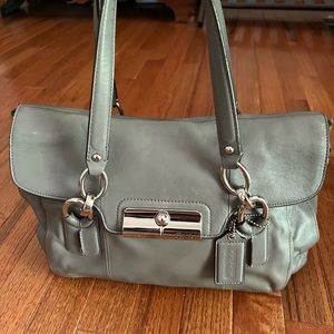 Beautiful buttery leather dove grey Coach purse with teal satin lining
